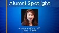 Graphic depicting Angela Wang's headshot in the center of a spotlight with blue background